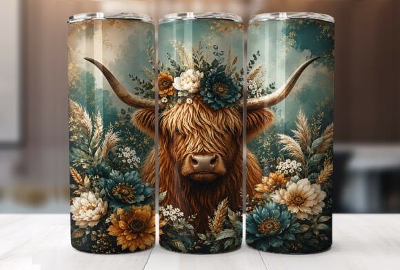 Download Teal Floral Highland Cow Tumbler Wrap - Tumbler Collection