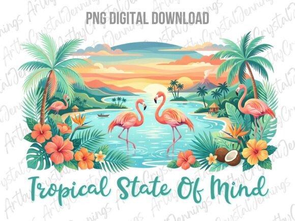 Download Tropical Flamingo Ocean Beach Scene PNG - Tropical flamingo Collection